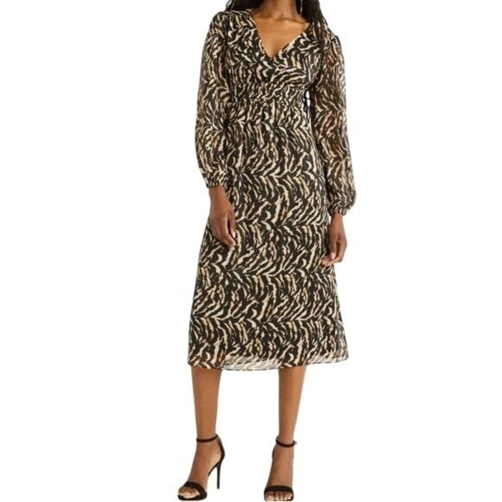 Chiffon Midi Dress Black Brown Zebra LongSleeves Empire Waist Y2K Whimsigoth XXL